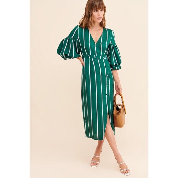 Steele Anthropologie Meyer Stripe Wrap Linen Midi Dress Women's Small Petite - Picture 1 of 11